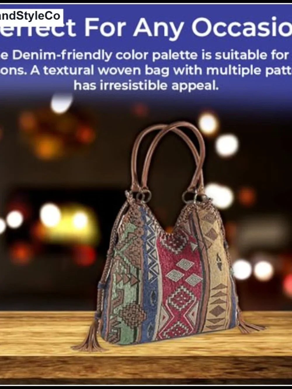 Tapestry Slouchy Hobo Purse with Faux Leather Trim, Snap Closure, Lined